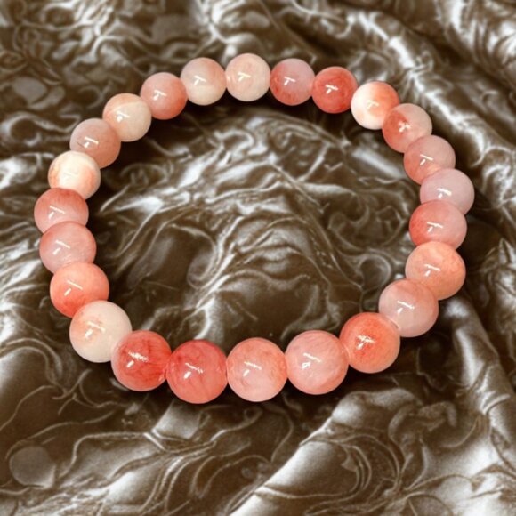 Strawberry Pink Agate Stone Beaded Bracelet 8MM Stretchy Handmade Jewelry - Picture 3 of 12